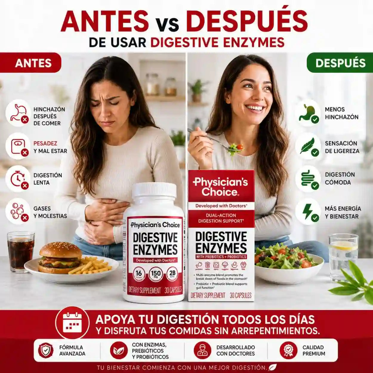 ENZIMAS DIGESTIVAS: Fórmula 3 en 1 para una digestión ligera y sin pesadez 🛡️